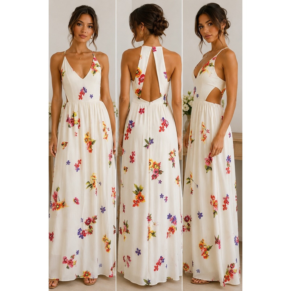 Zara Trafaluc Womens XS White Floral Cutout Open Back V-Neck Maxi Dress Summer
